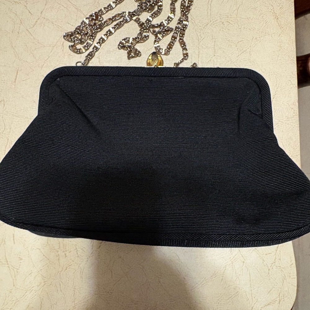 Lord and Taylor Black Textured Clutch with Gold Chain